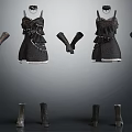 Black Dresses With Layered Design And Decorations Paired With Knee High Boots And Short Boots