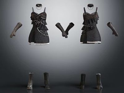 Black Dresses With Layered Design And Decorations Paired With Knee High Boots And Short Boots 3d model
