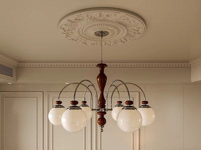 Elegant Wooden Chandelier With Glass Shades And Decorative Ceiling Medallion For Home Interior Design 3d model