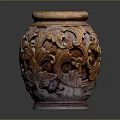 Decorative Brown Ceramic Pottery Jar With Intricate Carved Floral Patterns