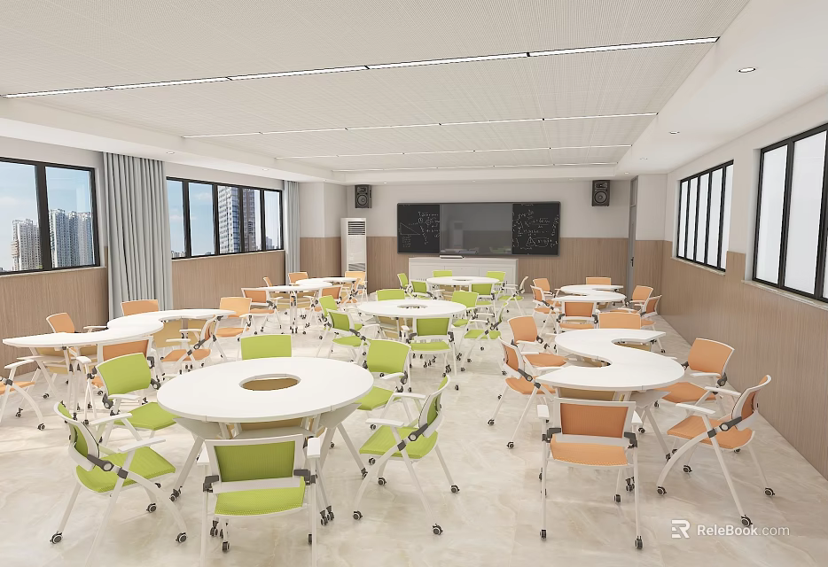 School Classroom With Round White Tables Green Orange Chairs Blackboard And Windows 3d model 
