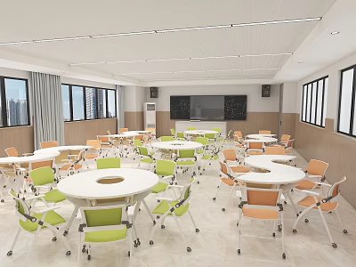 School Classroom With Round White Tables Green Orange Chairs Blackboard And Windows 3d model