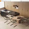 Modern Restaurant Open Kitchen Interior With Wooden Cabinets Black Island Countertop Dining Table And Chairs
