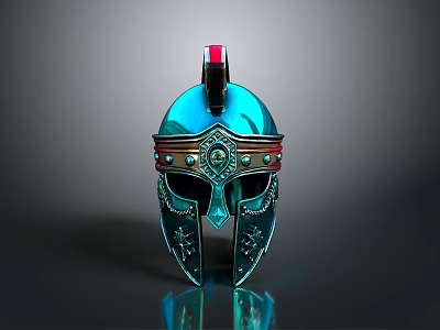 Ancient Metallic Decorative Helmet With Intricate Engravings And Blue Red Accents 3d model