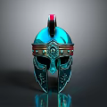 Ancient Metallic Decorative Helmet With Intricate Engravings And Blue Red Accents