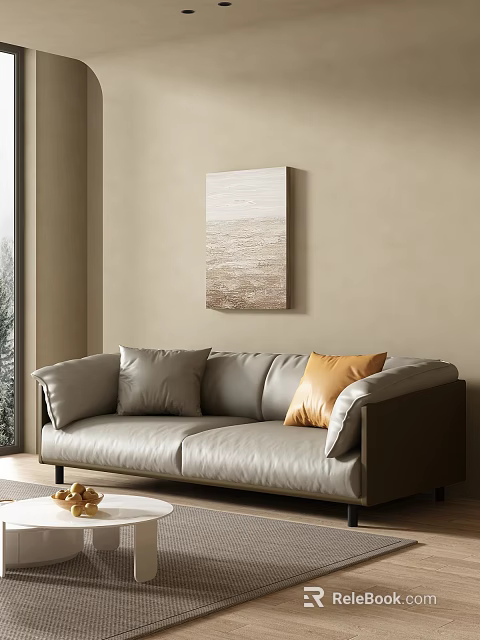 Warm Modern Cozy Living Room With Premium Leather Sofa And Textured Abstract Wall Art 3d model 