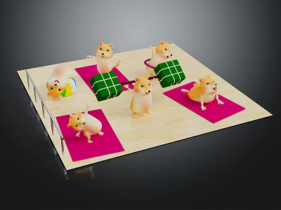 Hamsters Playing on Platform with Pink Mats Green Blocks and Yellow Duck Toy 3d model