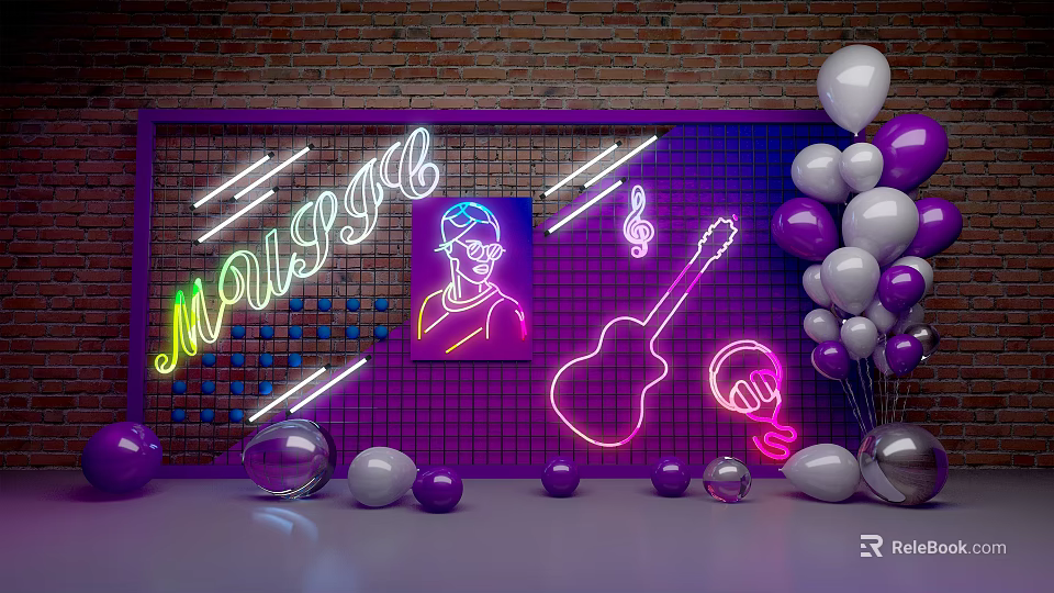 Vibrant Neon Music Decor With Silhouette Guitar Microphone And Balloons On Brick Wall Background 3d model 