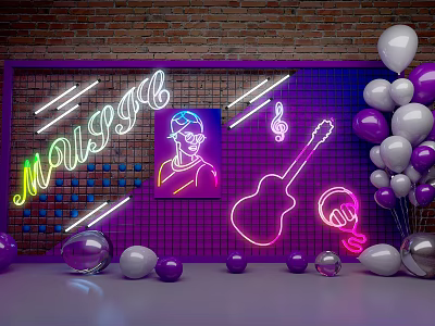 Vibrant Neon Music Decor With Silhouette Guitar Microphone And Balloons On Brick Wall Background 3d model