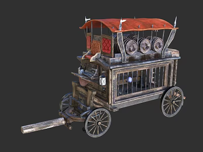 Antique Carriage With Red Canopy Ornate Decorations Wooden Frame And Metal Parts 3d model