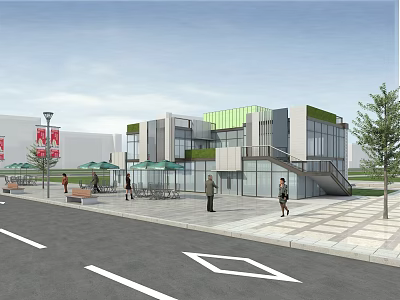 Modern Container Building With Green Roof Glass Windows Outdoor Seating And People Walking 3d model