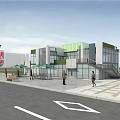 Modern Container Building With Green Roof Glass Windows Outdoor Seating And People Walking