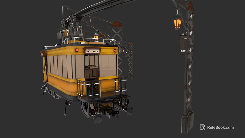 Vintage Yellow Train With Windows And Door Near Street Lamp With Lantern 3d model 