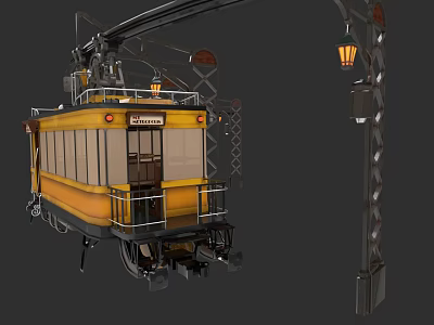 Vintage Yellow Train With Windows And Door Near Street Lamp With Lantern 3d model