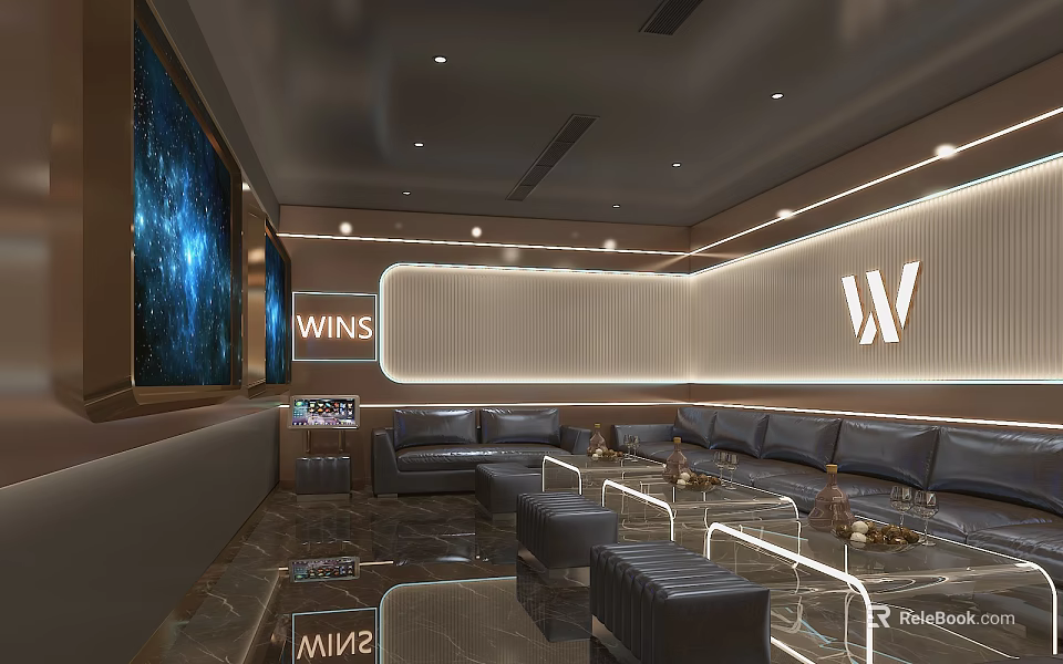 Elegant Modern KTV Private Room Interior Featuring Large Screen Sofas Ambient Lighting And W Logo 3d model