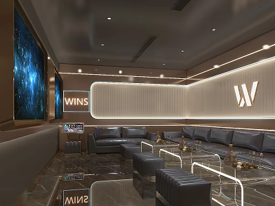 Elegant Modern KTV Private Room Interior Featuring Large Screen Sofas Ambient Lighting And W Logo 3d model