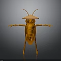 Orange Mantis 3D Model With Outstretched Limbs And Hat Like Structure Against Dark Background