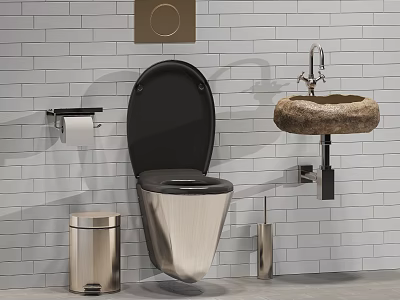 Modern Bathroom Suite With Wall Mounted Toilet Stone Sink And Metal Fixtures 3d model