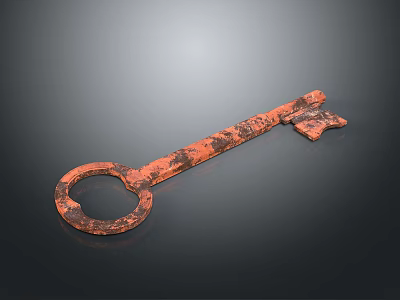 Old Rusted Iron Key Household Item With Loop Handle And Key Teeth Against Dark Background 3d model