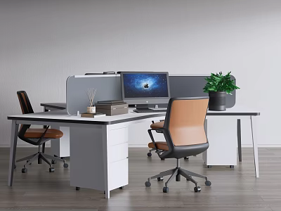 Modern Office Desk With Computer Monitor Green Plant And Ergonomic Chair 3d model