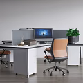 Modern Office Desk With Computer Monitor Green Plant And Ergonomic Chair