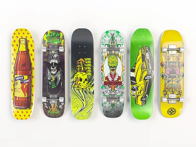 Vibrant Skateboard Deck Collection with Diverse Graphics and Colorful Patterns 3d model