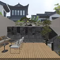 Traditional Chinese Garden Landscape With Wooden Deck Waterfall Feature Outdoor Seating And Pine Trees