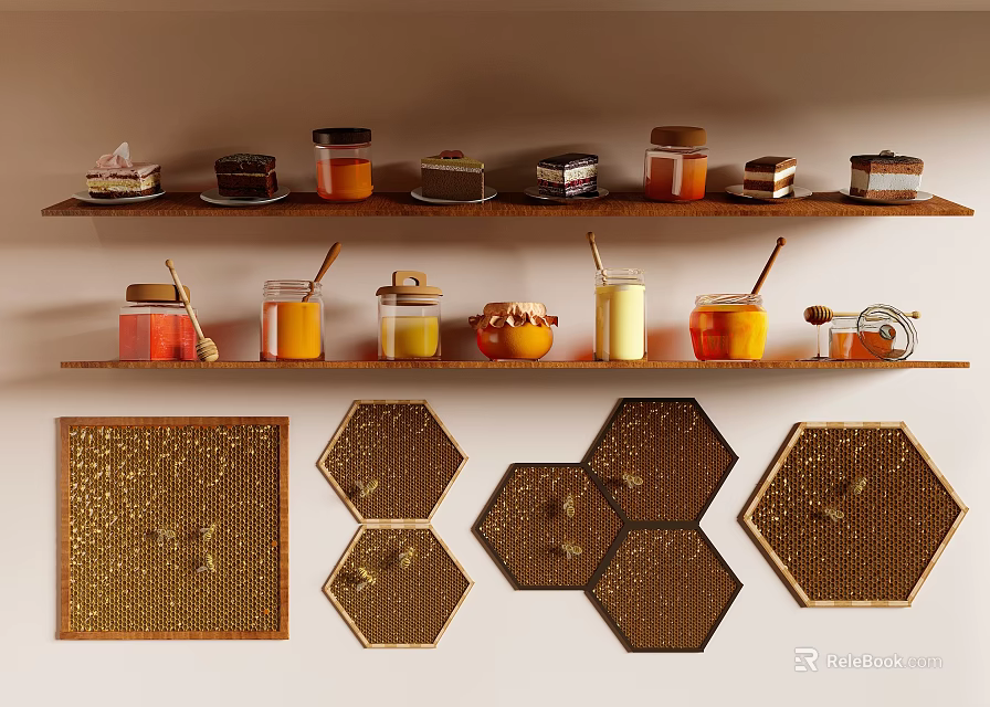 Honey Jars With Wooden Spoons On Shelves And Hexagon Honeycomb Wall Decor 3d model 