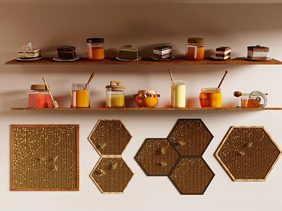Honey Jars With Wooden Spoons On Shelves And Hexagon Honeycomb Wall Decor 3d model