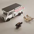 Miniature Food Truck Setup With Tables Chairs And Grill Equipment