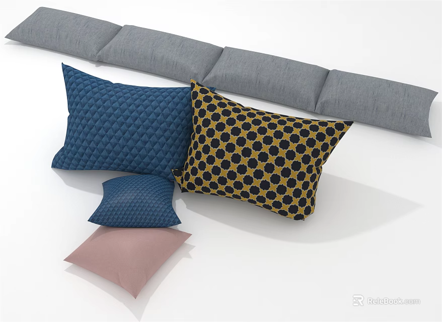 Decorative Throw Pillows with Blue Textured Pink Gray and Black Yellow Polka Dot Patterns 3d model 