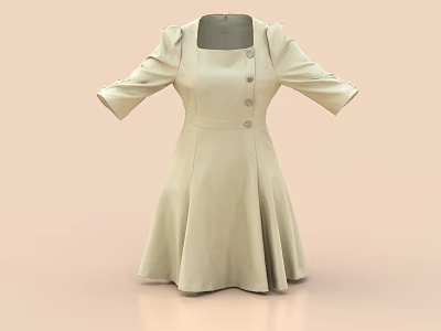 Light Green Square Neck Half Sleeves Button Detail A Line Skirt Women's Dress 3d model