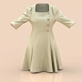 Light Green Square Neck Half Sleeves Button Detail A Line Skirt Women's Dress