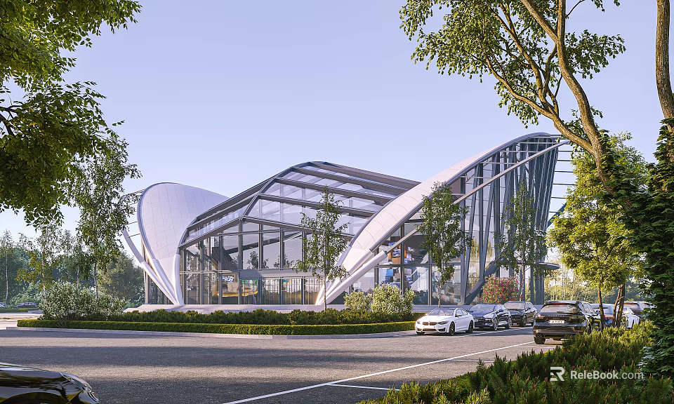 Modern Architectural Building With Curved Roof Glass Walls Surrounding Trees And Parked Cars 3d model 
