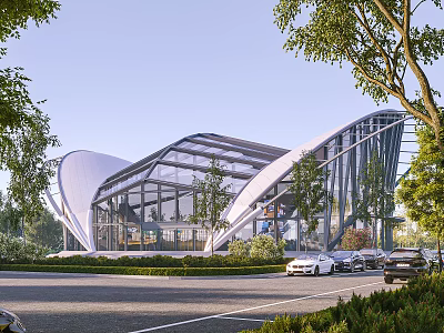 Modern Architectural Building With Curved Roof Glass Walls Surrounding Trees And Parked Cars 3d model