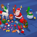 Cartoon Christmas Scene Featuring Santa Reindeer Snowman Tree Gifts And Candies