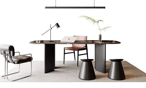 Modern Desk and Chair Leather Chair Stool Sliding Chandelier Rock Board Desk Vase Table Lamp 3d model