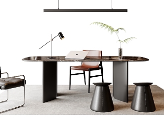 Modern Desk and Chair Leather Chair Stool Sliding Chandelier Rock Board Desk Vase Table Lamp 3d model