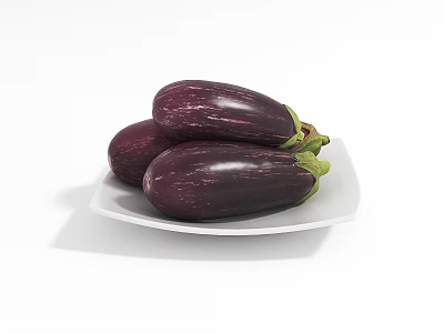 Three Fresh Purple Eggplants With Green Stems Placed On A White Plate 3d model