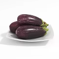 Three Fresh Purple Eggplants With Green Stems Placed On A White Plate