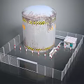 Cylindrical Industrial Tank With Yellow Black Warning Stripes Surrounded By White Fence And Small Building