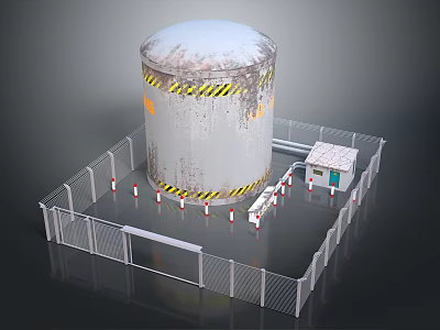 Cylindrical Industrial Tank With Yellow Black Warning Stripes Surrounded By White Fence And Small Building 3d model