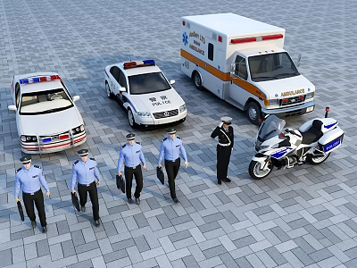 Police Cars Ambulance And Motorcycle Parked With Police Officers Walking On Paved Ground 3d model