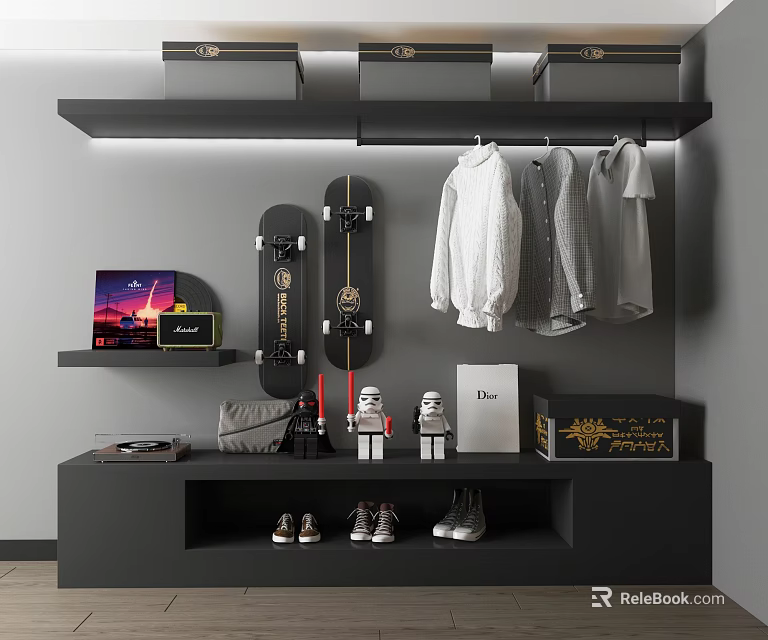 Modern Black Decorative Cabinet with Hanging Clothes Skateboards Star Wars Figurines Shoes and Book 3d model 