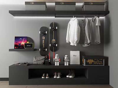 Modern Black Decorative Cabinet with Hanging Clothes Skateboards Star Wars Figurines Shoes and Book 3d model