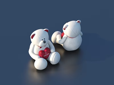 Two White Teddy Bear Dolls Sitting And Holding Red Heart Toys 3d model