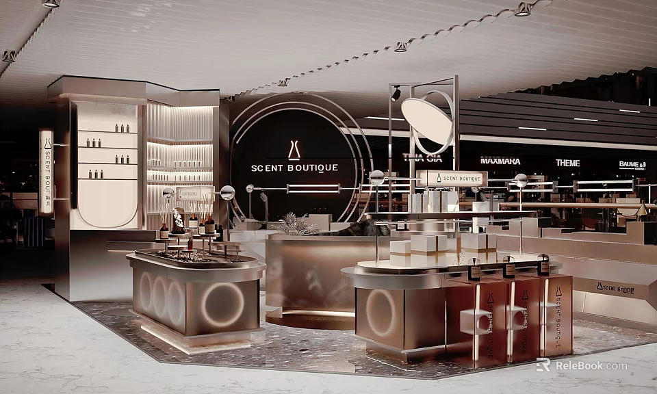 Modern Luxury Boutique Store Interior With Display Counters Lighting And Brand Signage 3d model 