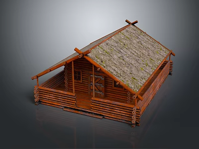 Rustic Log Cabin With Wooden Structure Thatched Roof And Front Porch Design 3d model