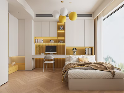 Modern Study Room With White Cabinets Wooden Floor Desk Computer And Yellow Pendant Lights 3d model