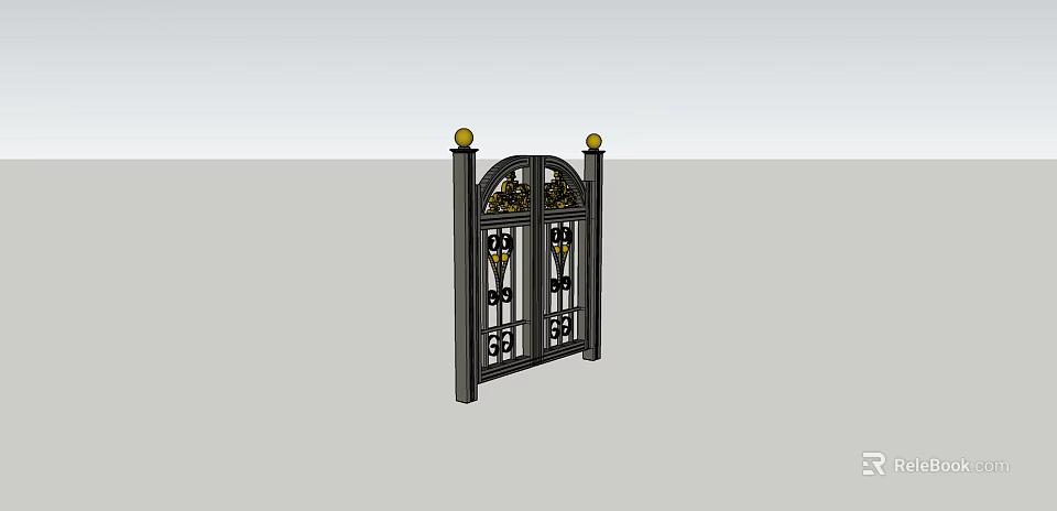 Black Wrought Iron Entrance Gate With Golden Finials And Intricate Patterns 3d model 